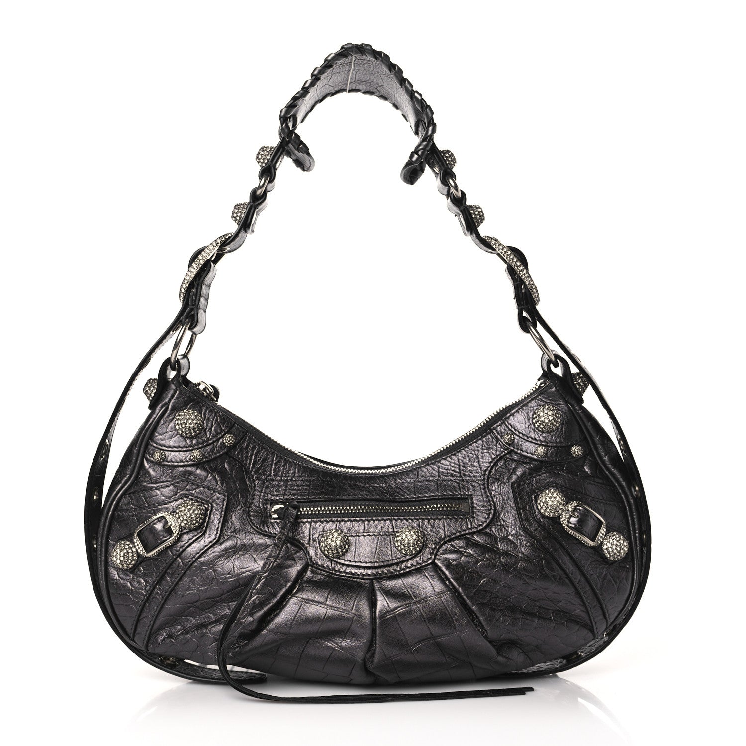 Balenciaga Metallic Calfskin Crocodile Embossed Crystal Small Le Cagole Shoulder Bag Gunmetal 1 of 9
