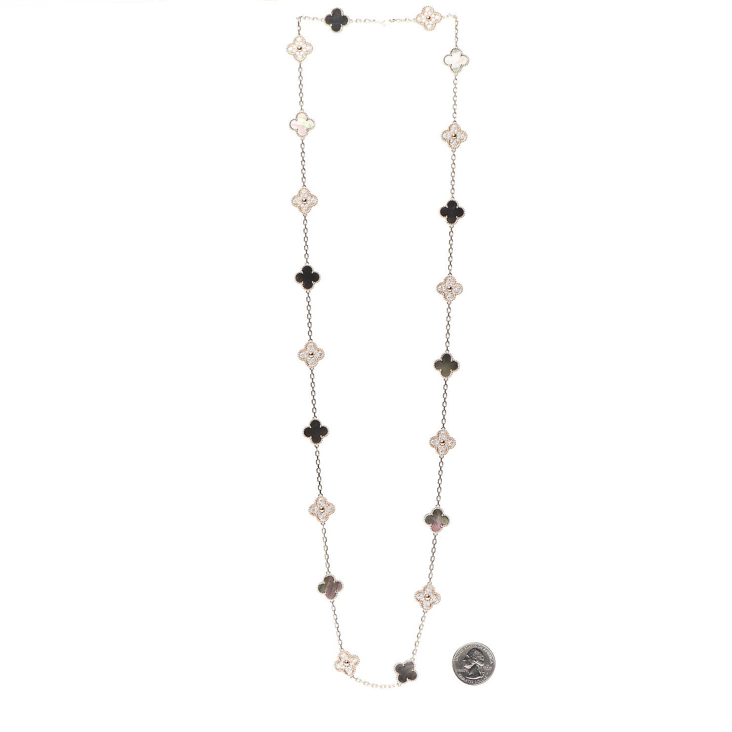 18K Rose Gold Diamond Gray Mother of Pearl 20 Motifs Vintage Alhambra Necklace
