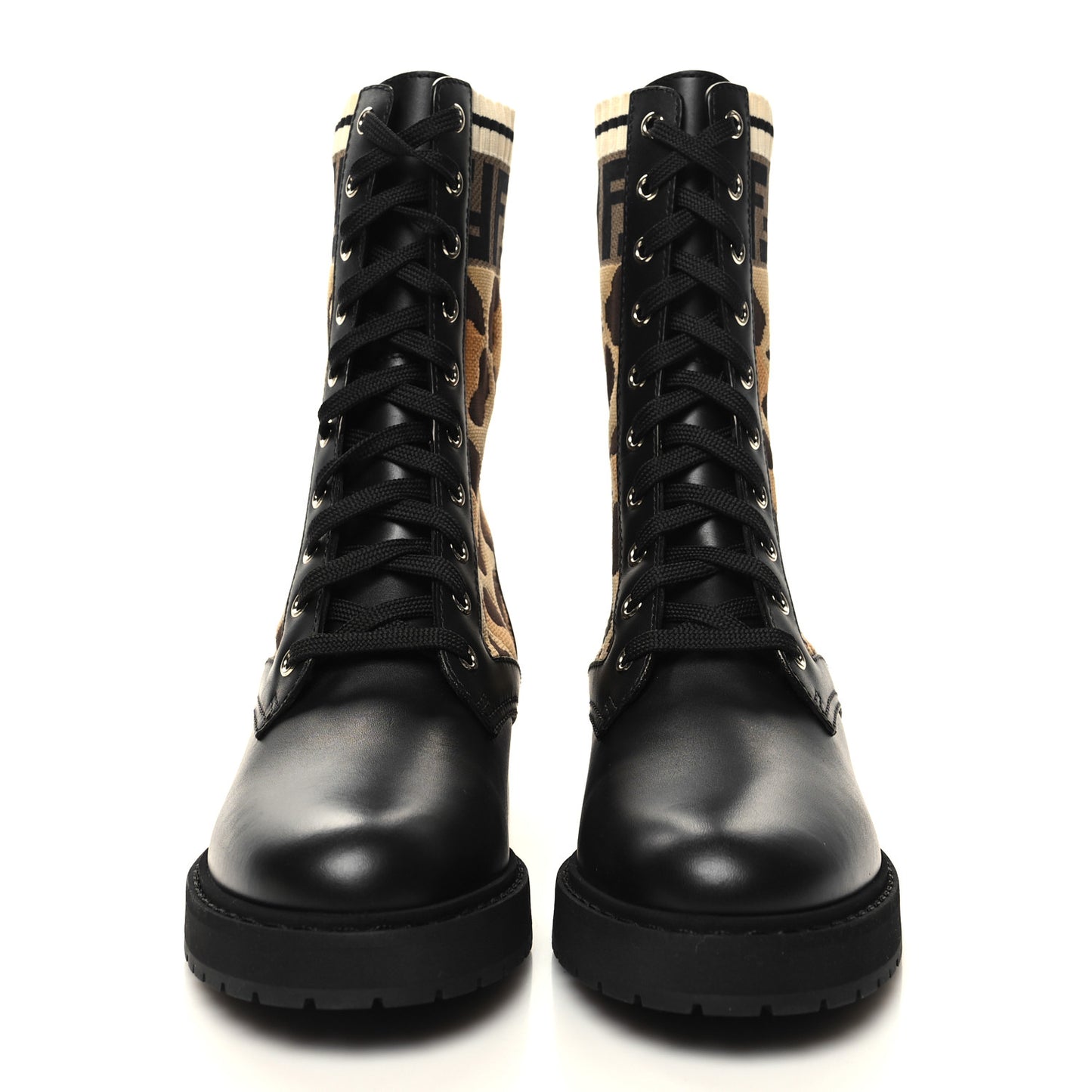 Calfskin Stretch Fabric FF Leopard Rockoko Biker Boots 38 Black