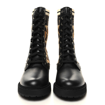 Fendi Calfskin Stretch Fabric FF Leopard Rockoko Biker Boots 38 Black 2 of 7