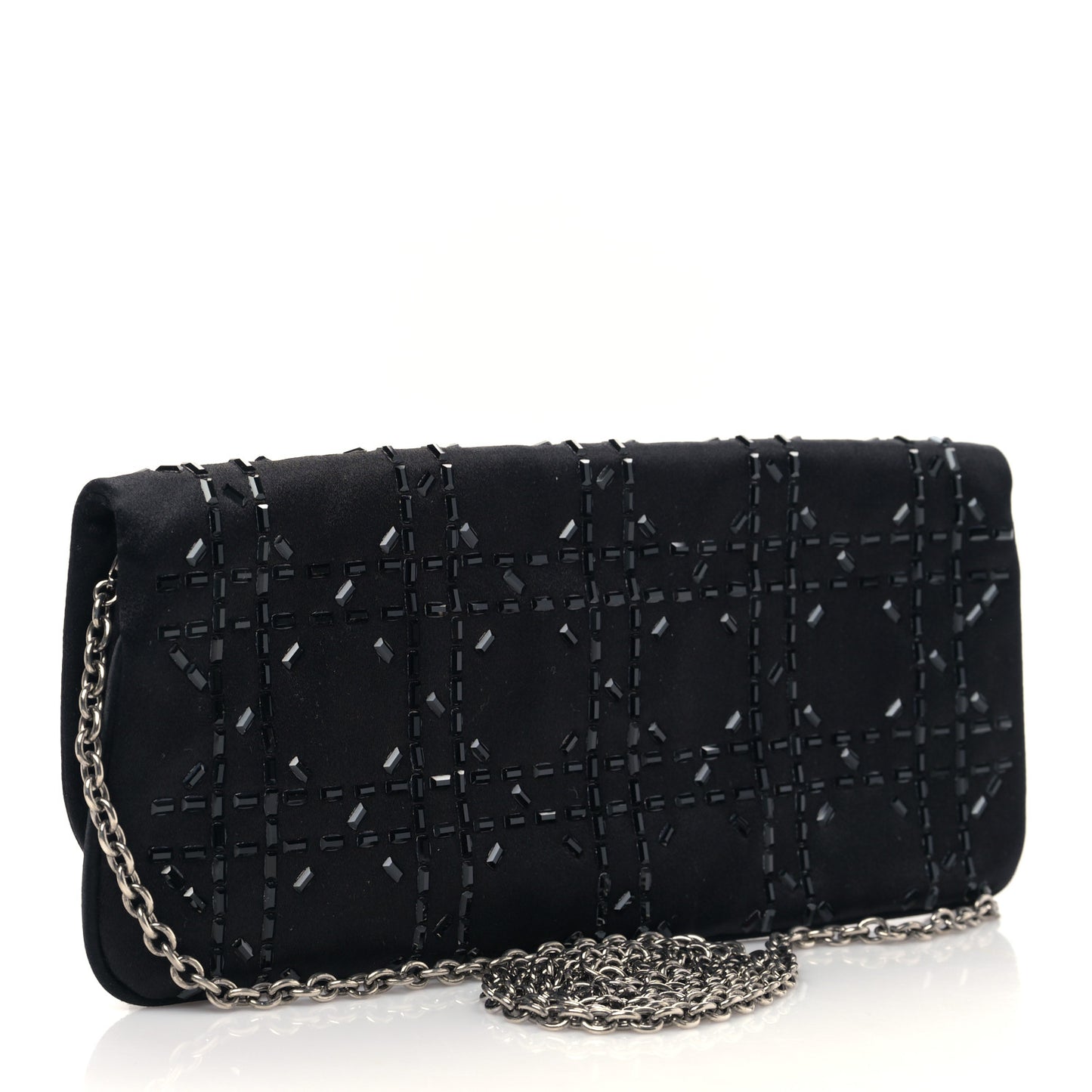 Satin Crystal Cannage Flap Clutch Black