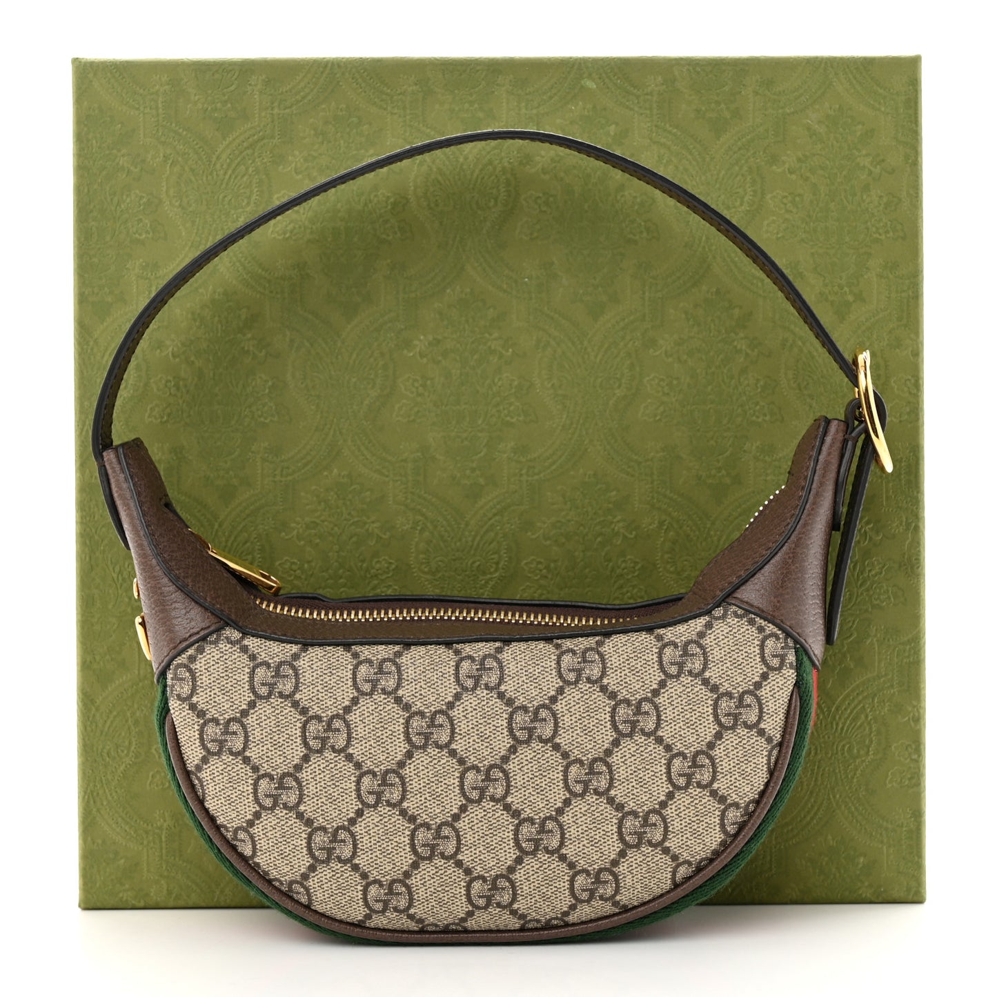 GG Supreme Monogram Textured Calfskin Web Mini Ophidia Half Moon Hobo Beige Ebony New Acero