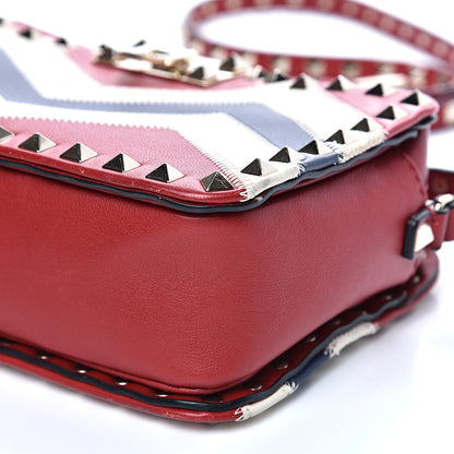 Valentino Garavani Calfskin Canvas Zig Zag Print Rockstud Flip Lock Camera Crossbody Bag Red Blue 7 of 11