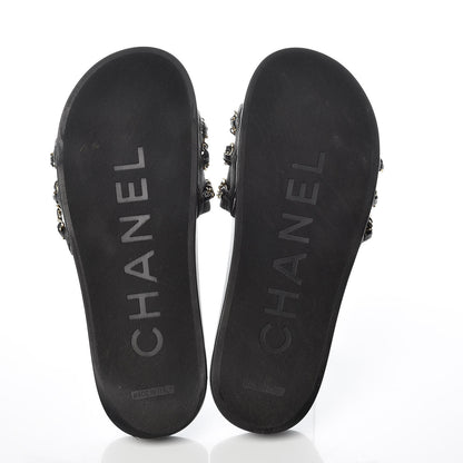 Chanel Calfskin Chain Camellia Flat Sandals 40 Black 5 of 8