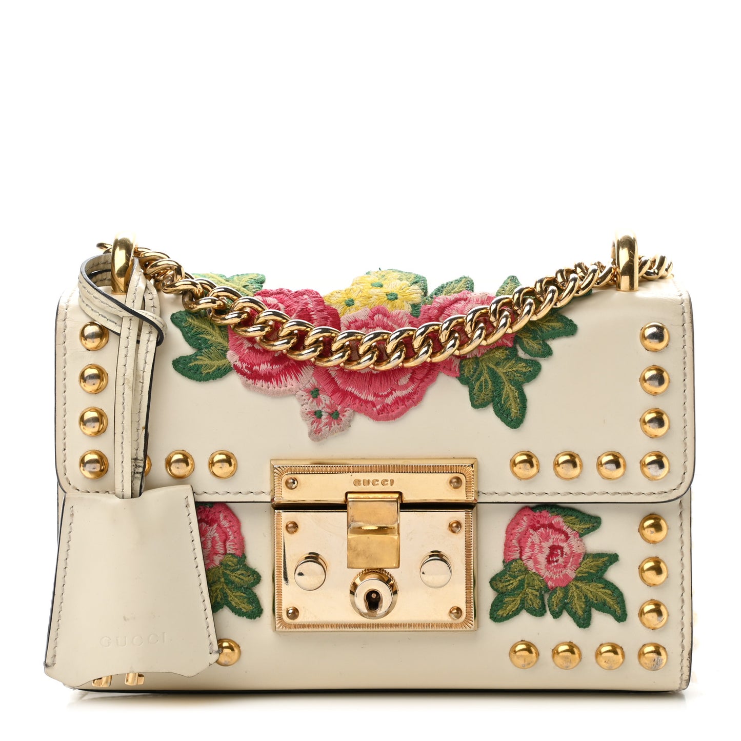 Calfskin Floral Embroidered Small Padlock Shoulder Bag White