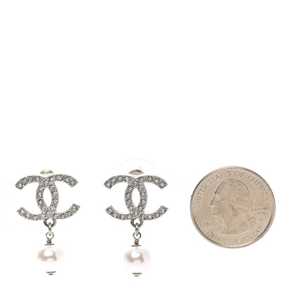 Chanel Crystal Pearl CC Drop Earrings Silver Pearly White 2 of 5