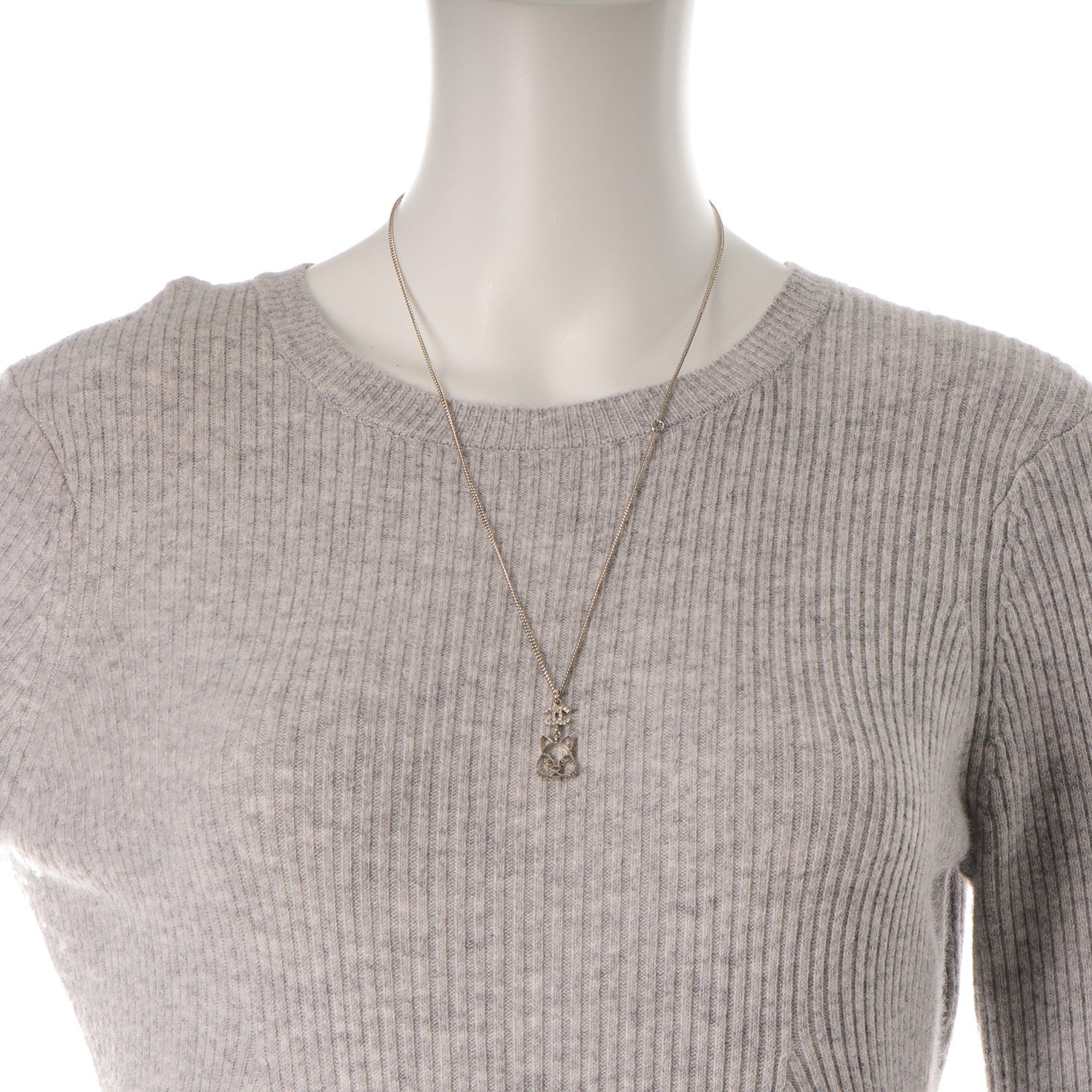 Chanel Crystal Emoji Choupette Cat Pendant Necklace Silver 2 of 4