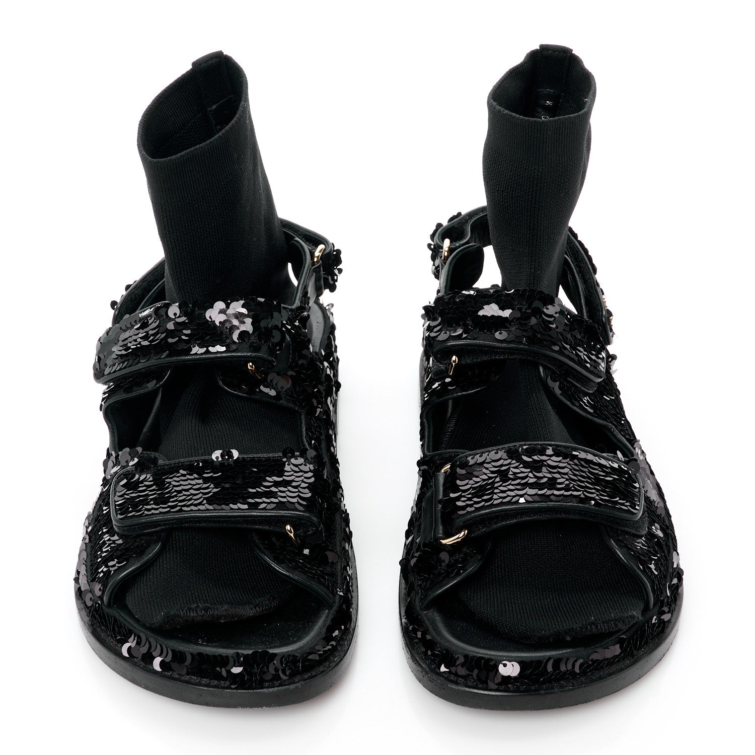 Chanel Sequin Knit Velcro Dad Sandals 38 Black 2 of 12