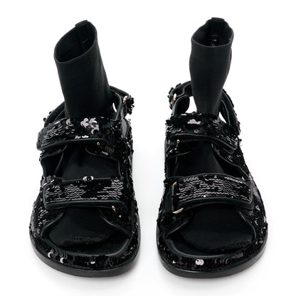 Chanel Sequin Knit Velcro Dad Sandals 38 Black 2 of 12