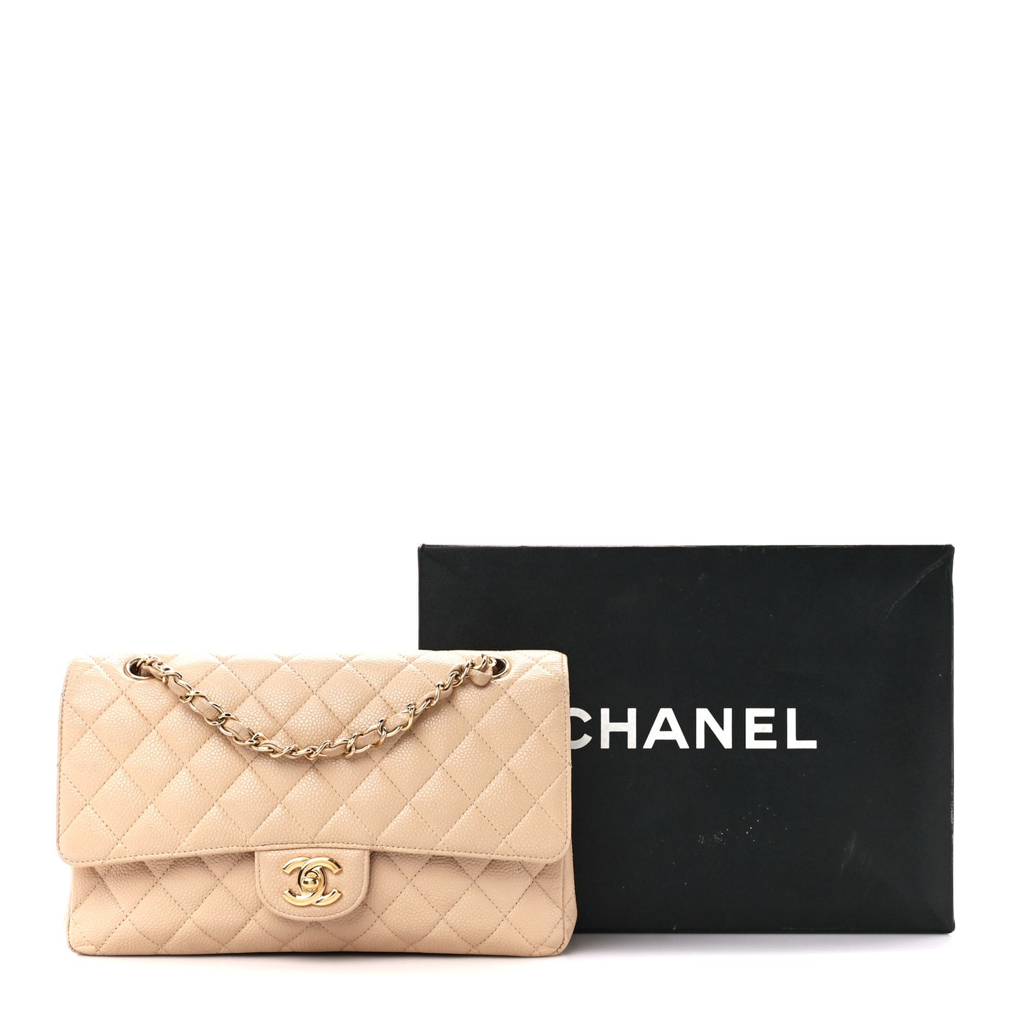 Caviar Quilted Medium Double Flap Beige