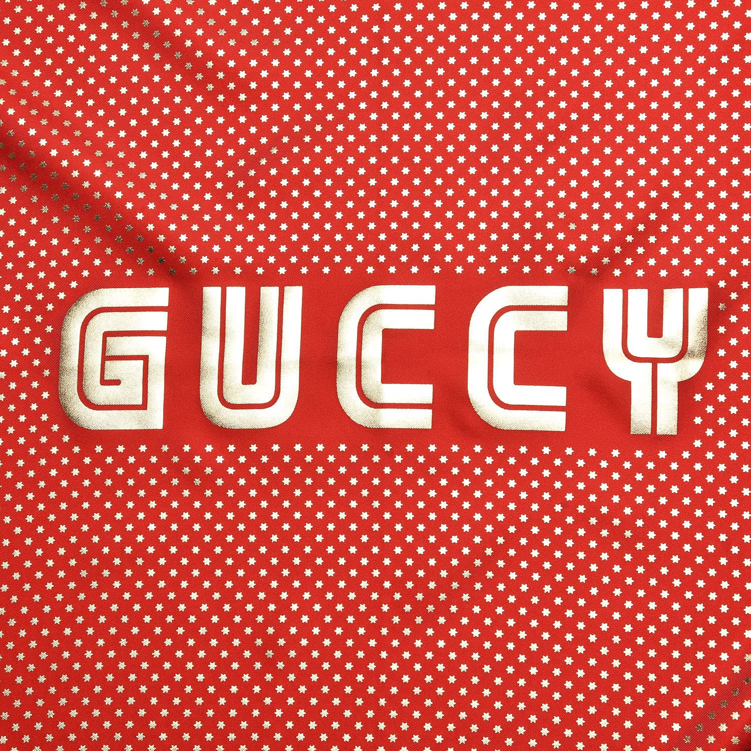 Gucci X SEGA Silk GUCCY Stars Print Square Scarf Flame Red Gold 5 of 6