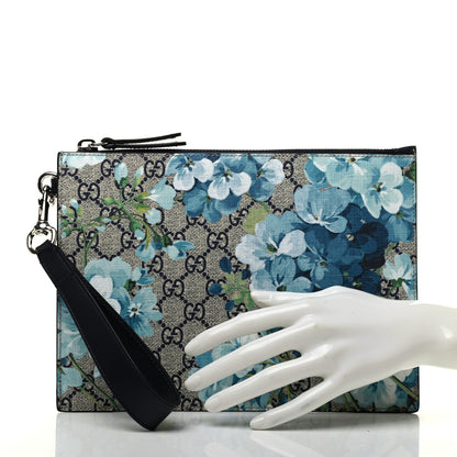 Gucci GG Supreme Monogram Blooms Small Zip Wristlet Pouch Beige Blue Black 2 of 8