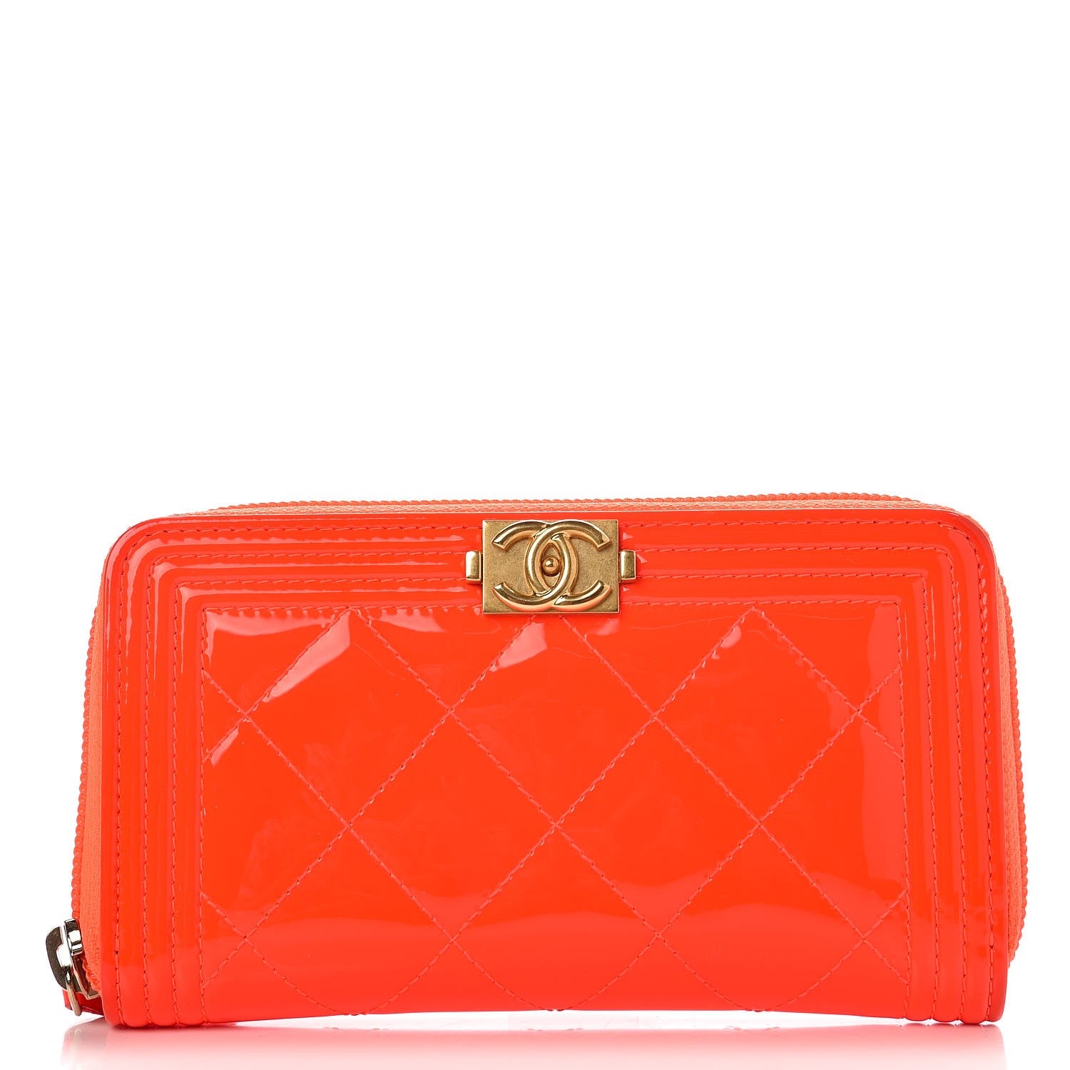 Chanel Patent Quilted Small Boy Zip Around Wallet Orange 1 of 11