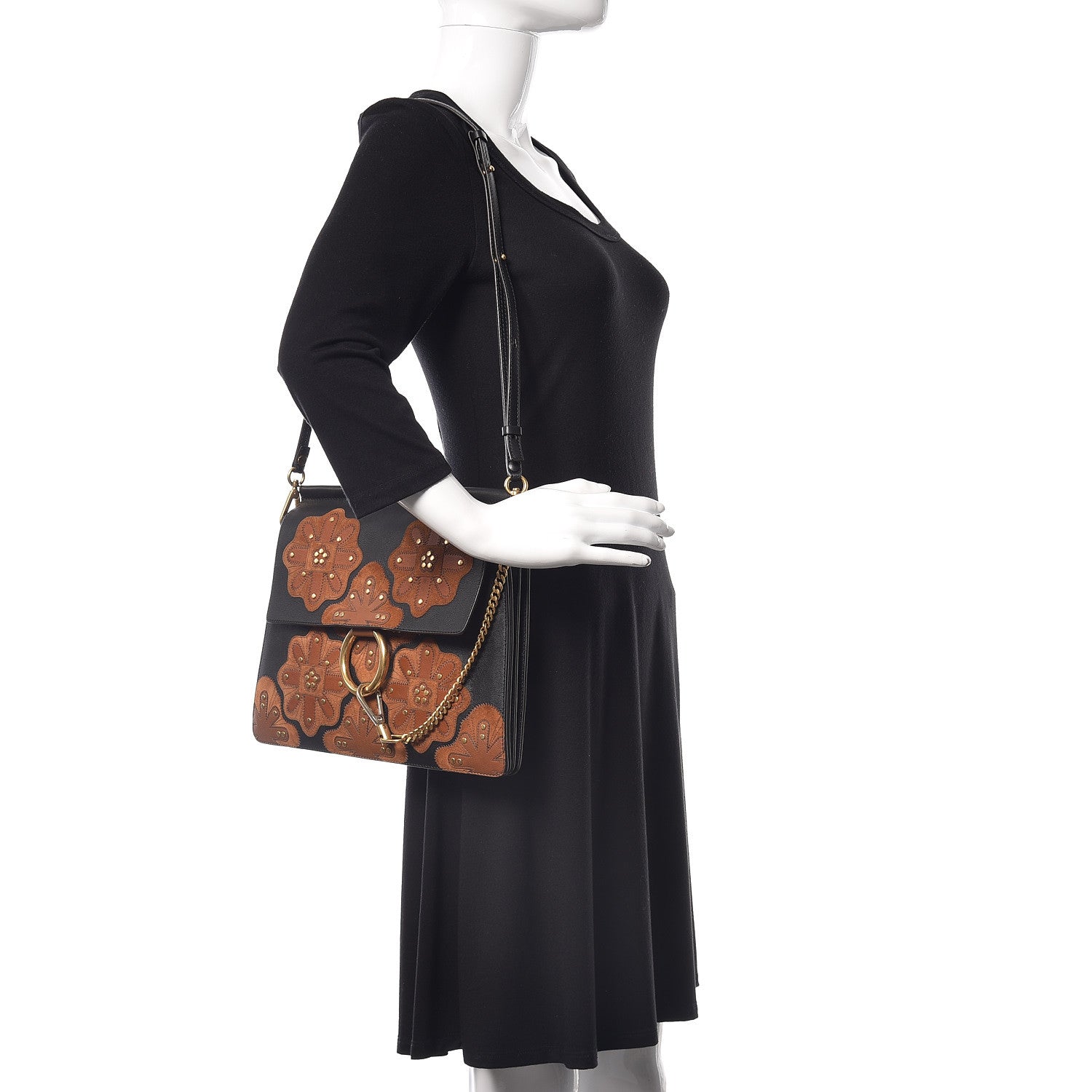 Chloe Calfskin Floral Patchwork Medium Faye Shoulder Bag Black Brown 2 of 16