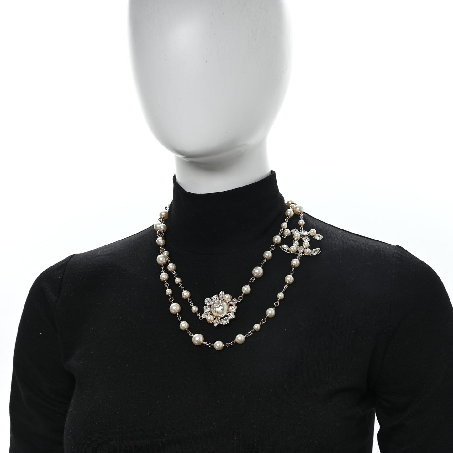 Pearl Crystal CC Long Necklace Gold