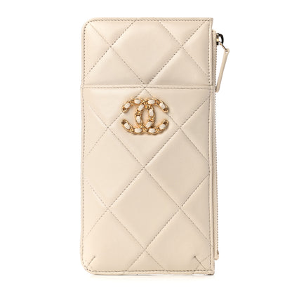 Chanel Shiny Goatskin Quilted Chanel 19 Flat Wallet Pouch Light Beige 1 of 8