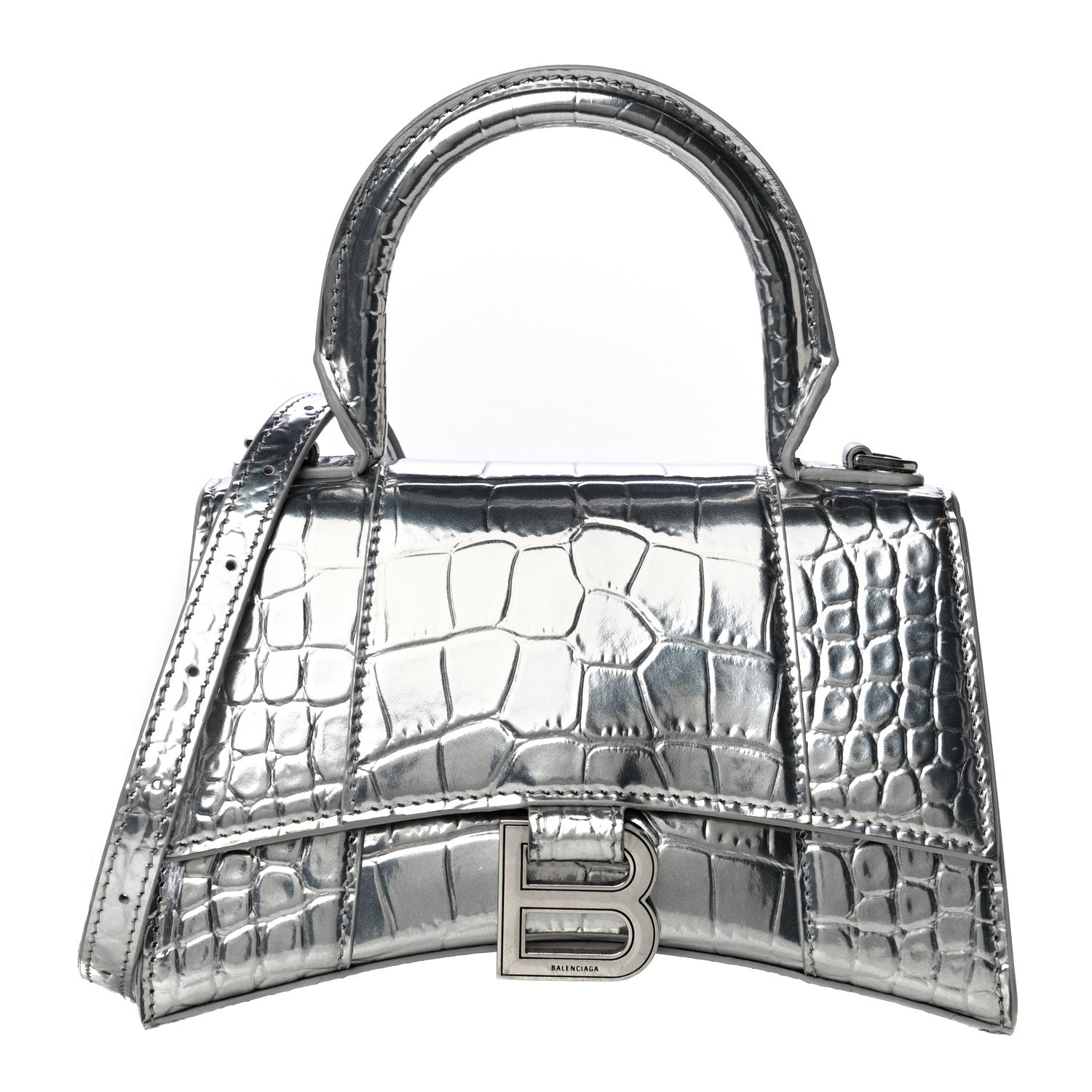 Balenciaga Metallic Calfskin Crocodile Embossed Hourglass Top Handle Bag XS Silver 1 of 9