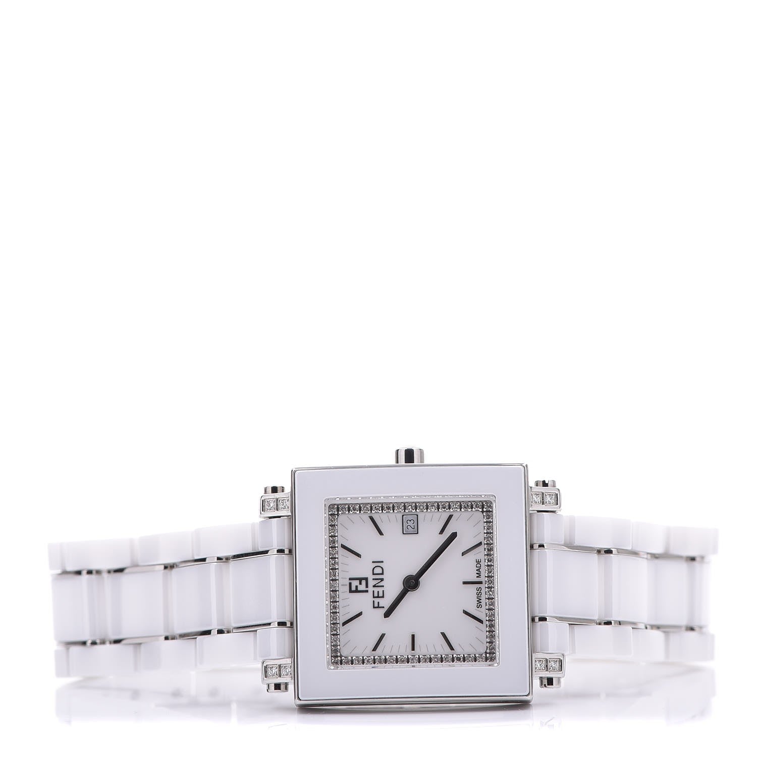 Fendi Stainless Steel Ceramic Diamond Bezel 30mm Quadro Quartz Watch White 3 of 7