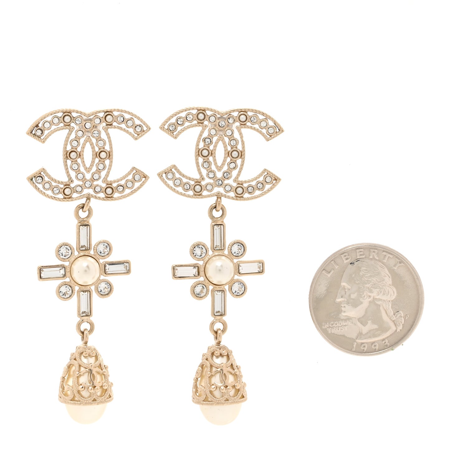 Crystal Baguette Pearl CC Cross Drop Earrings Gold