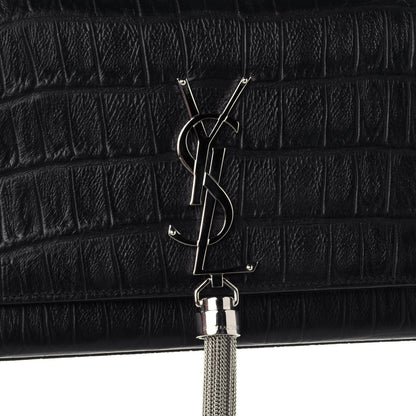 Saint Laurent Calfskin Crocodile Embossed Classic Monogram Tassel Clutch Black 4 of 4