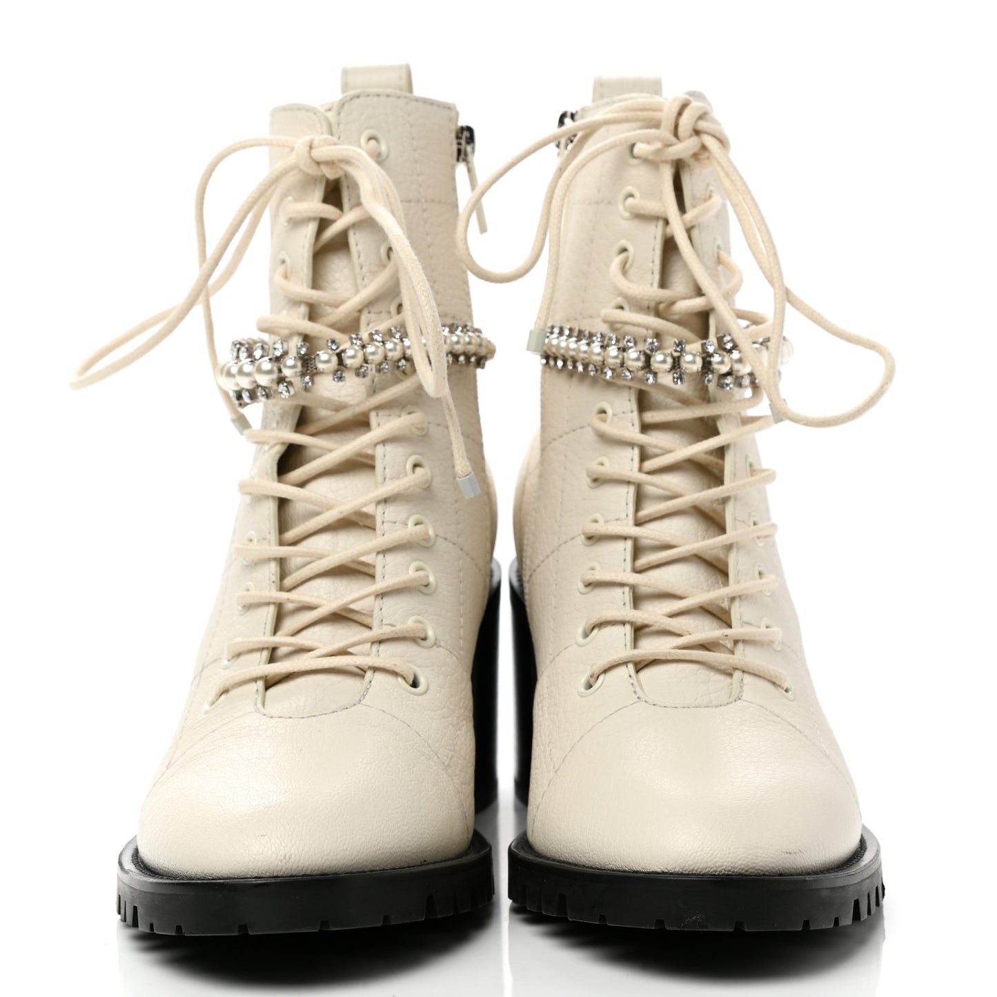 Goatskin Pearl Embellished Cruz Combat Boots 40 Latte White