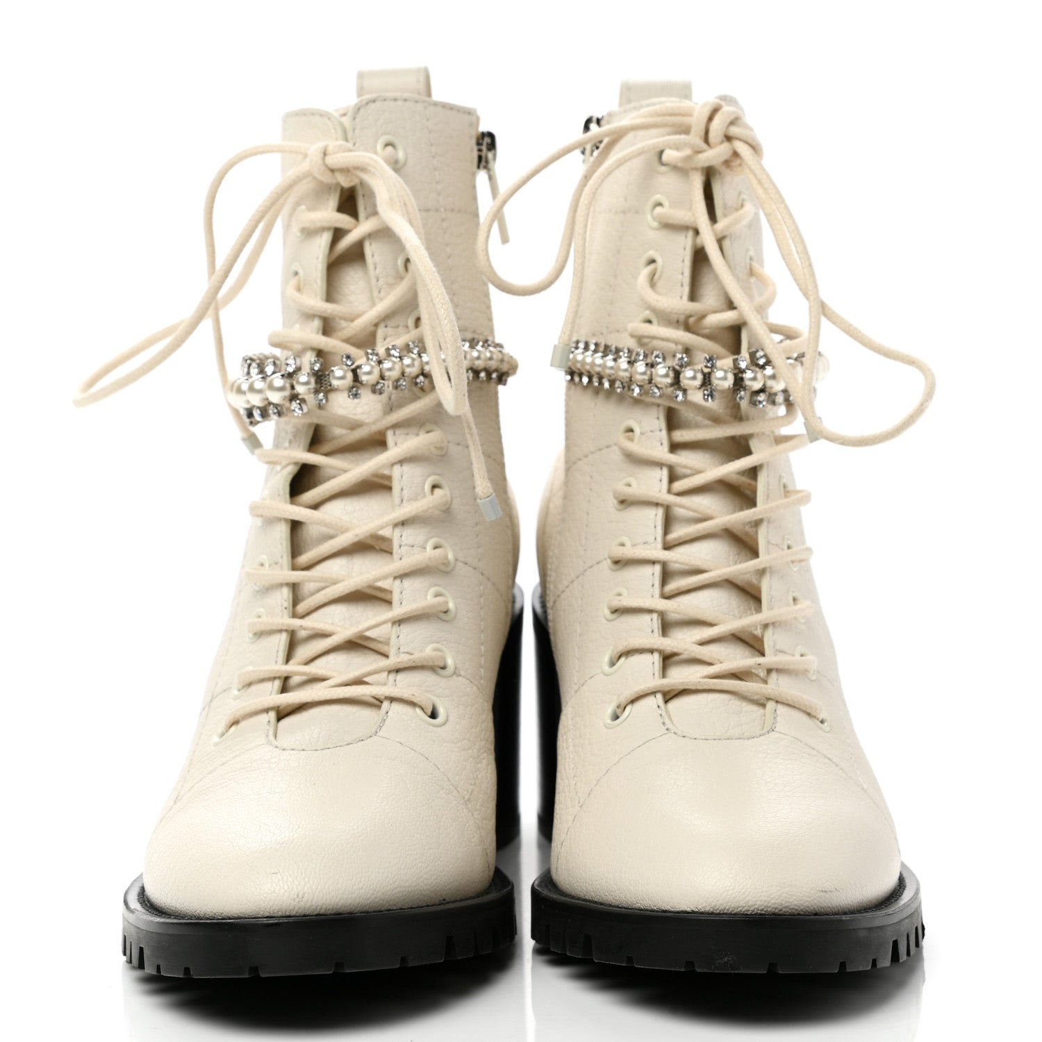 Jimmy Choo Goatskin Pearl Embellished Cruz Combat Boots 40 Latte White 2 of 7