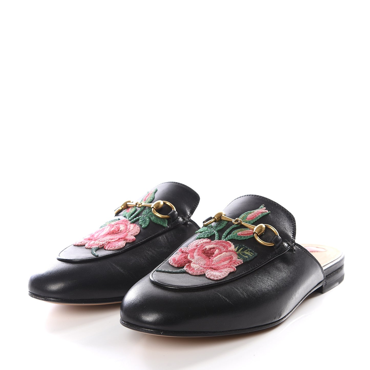 Calfskin Flower Embroidered Princetown Slippers 36.5 Black