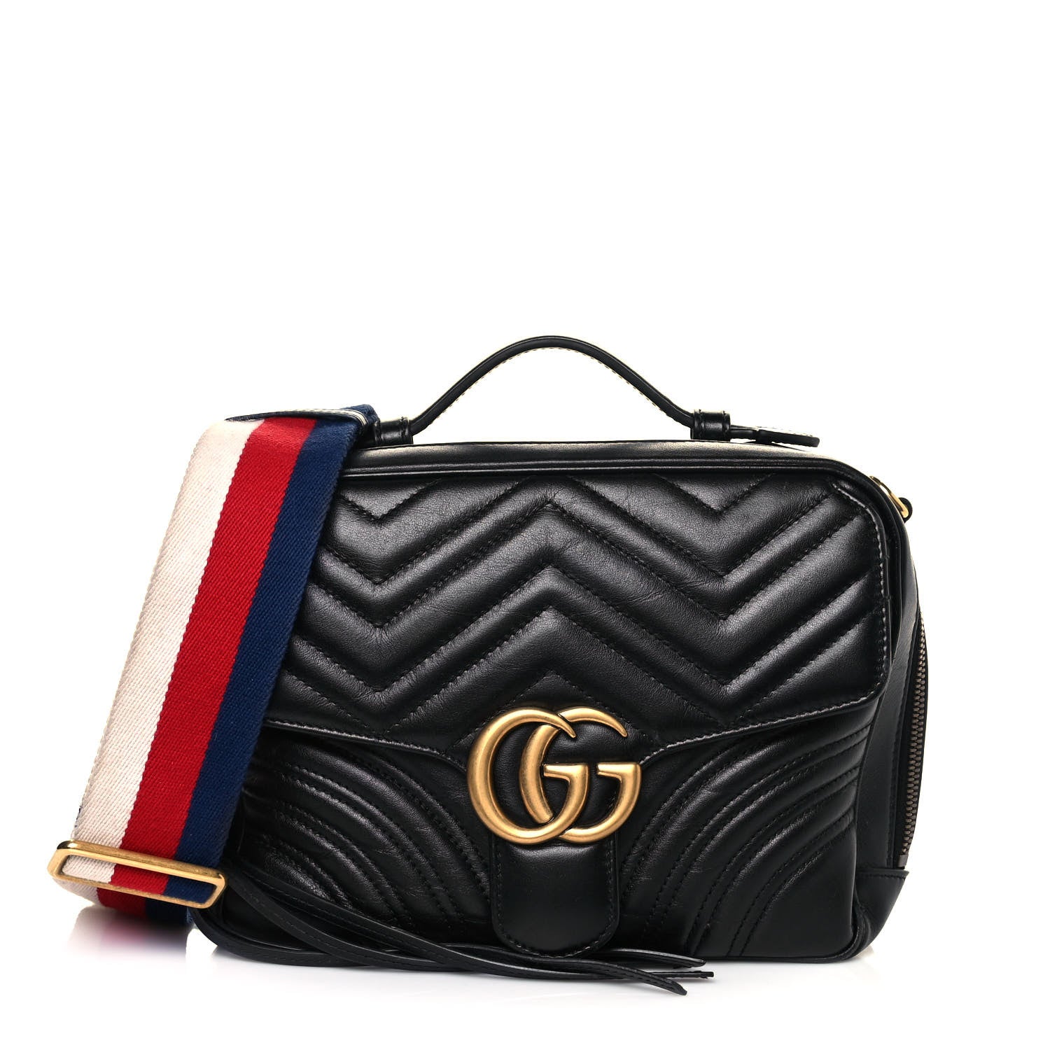 Gucci Calfskin Matelasse Sylvie Web Small GG Marmont Top Handle Shoulder Bag Black 1 of 24