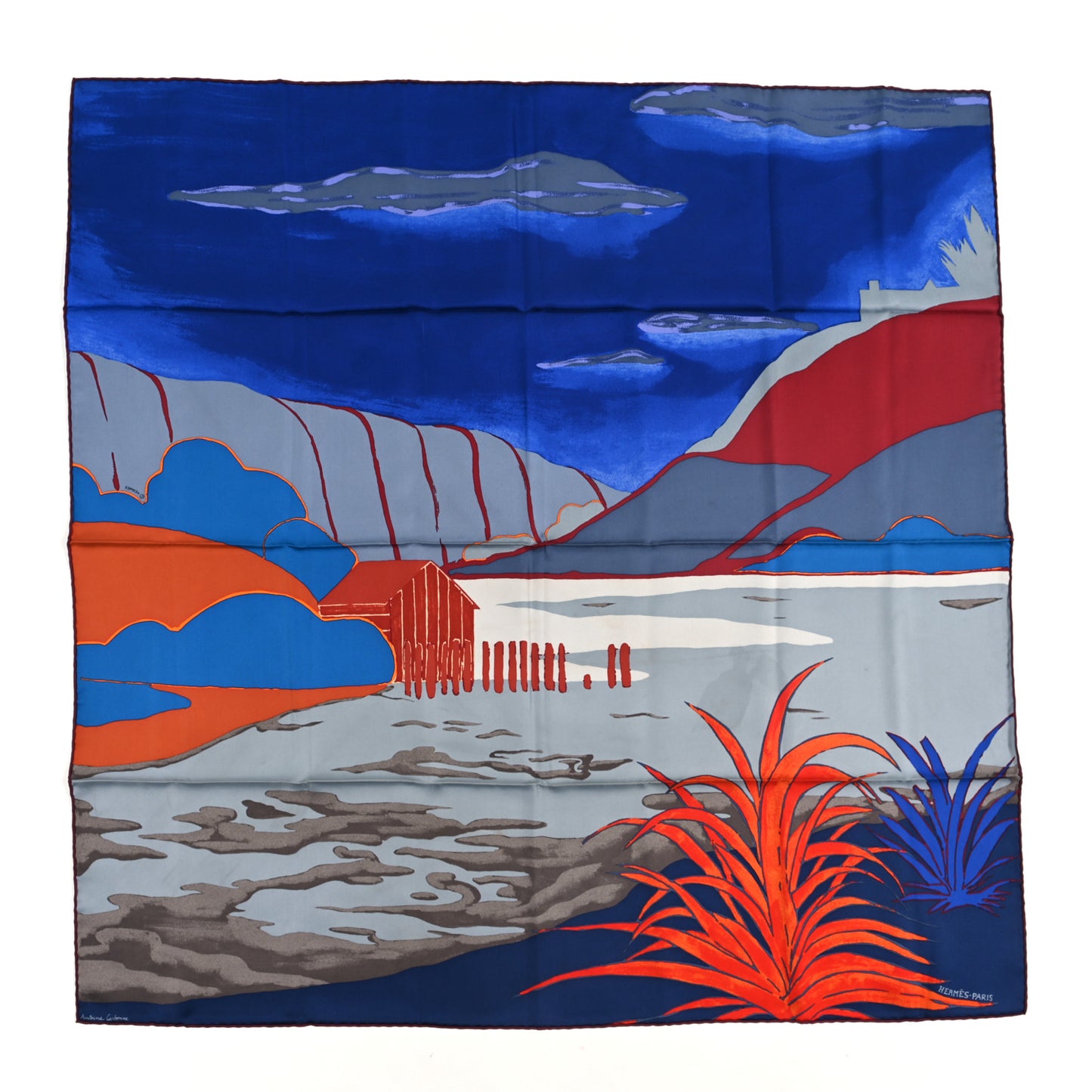 Silk Bout De Monde Scarf 90 Bleu Nuit Gris Brique