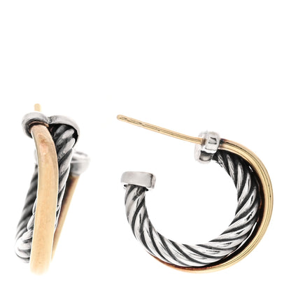 David Yurman Sterling Silver 18K Yellow Gold 17mm Crossover Cable Hoop Earrings 1 of 4