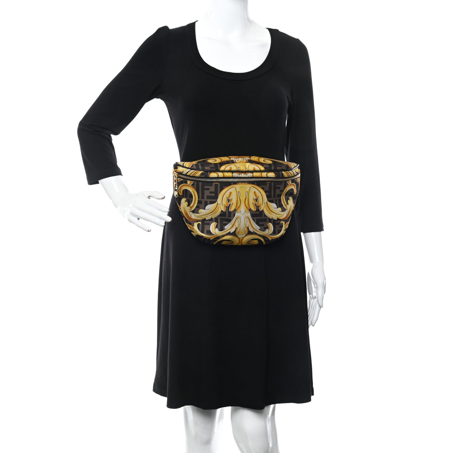 X VERSACE Nylon Cuoio Romano Fendace FF Baroque Belt Bag Black Gold