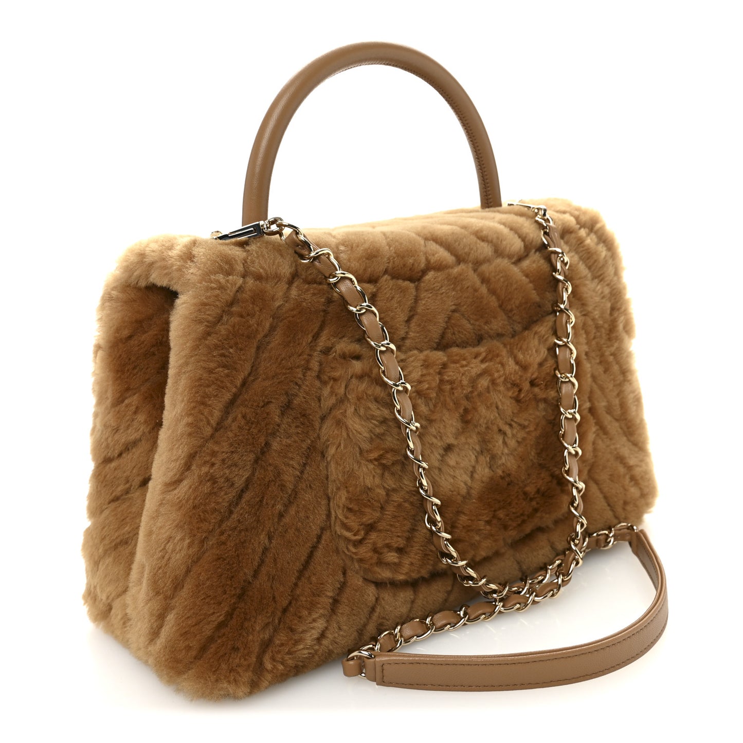 Shearling Lambskin Chevron Quilted Small Coco Handle Flap Beige