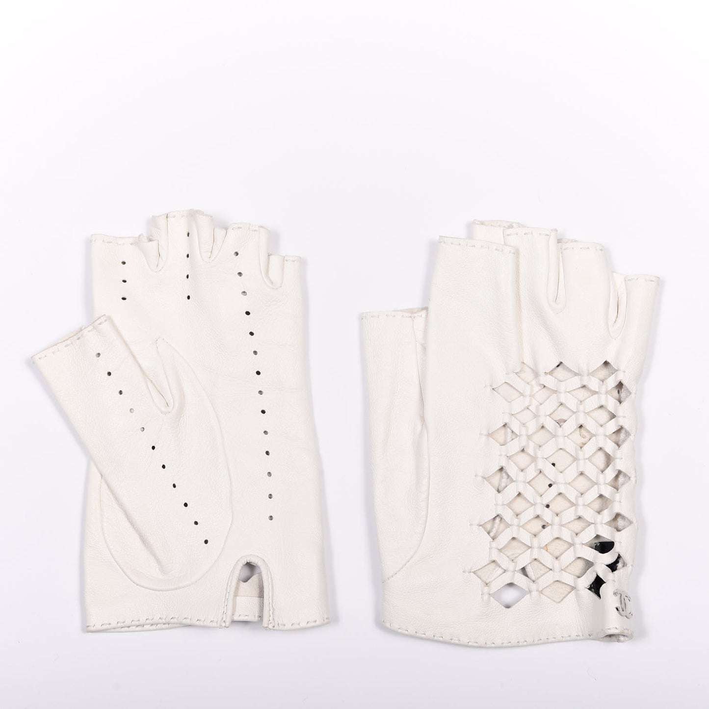 Lambskin Perforated Fingerless Gloves 7.5 White