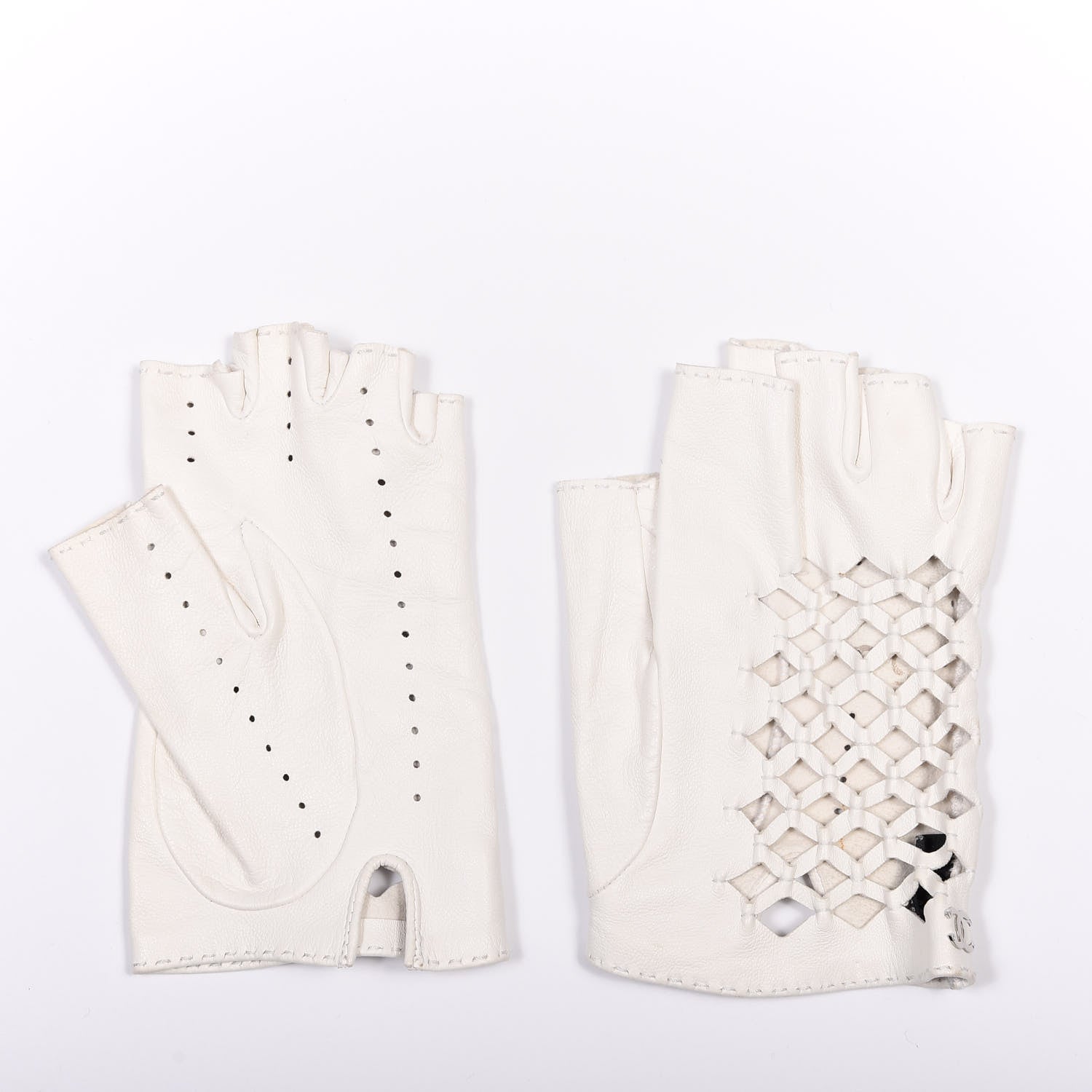 Chanel Lambskin Perforated Fingerless Gloves 7.5 White 3 of 6