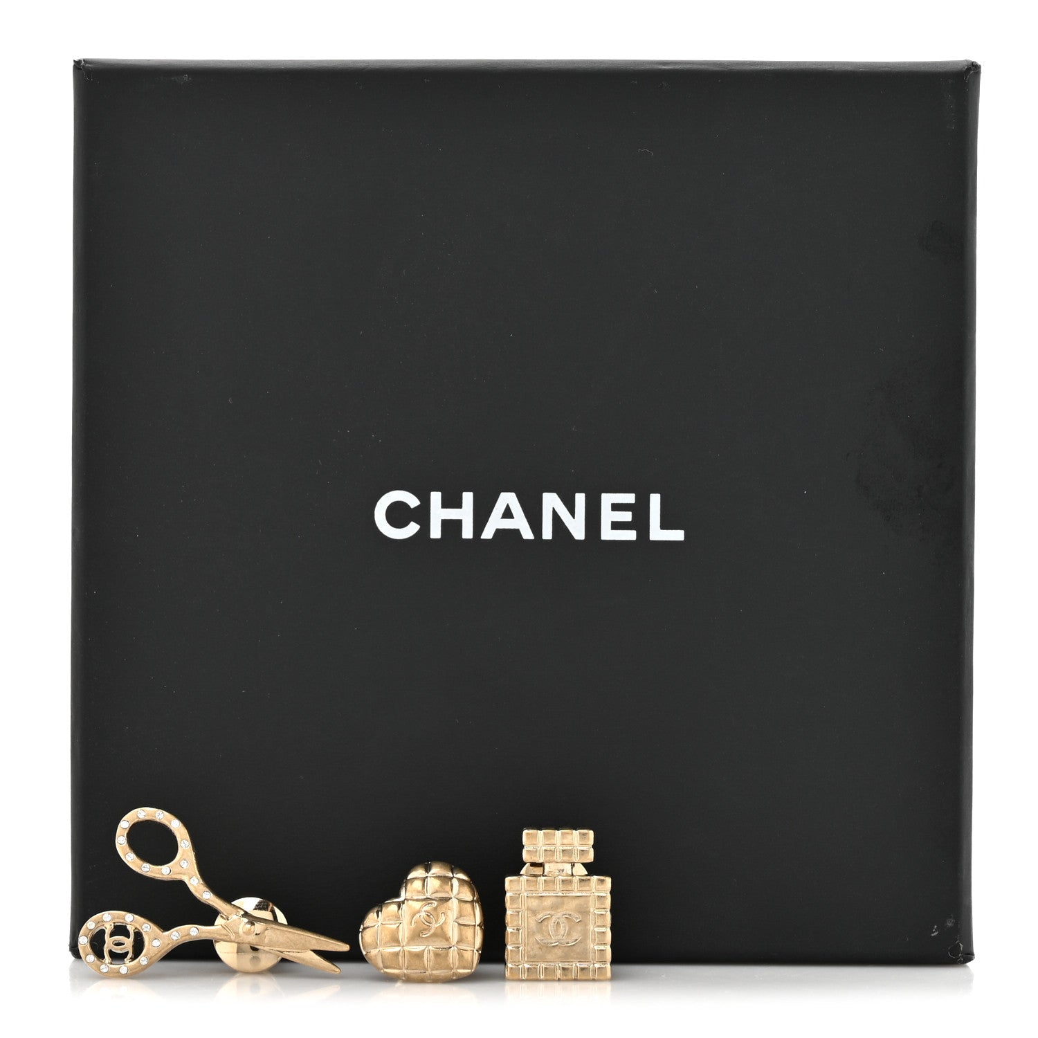 Chanel Metal Strass Crystal Quilted CC Heart Scissors Perfume Brooch Set Gold 4 of 4