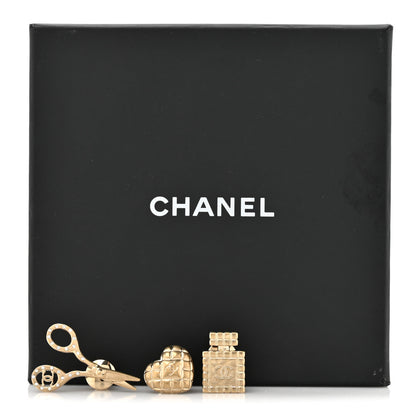 Chanel Metal Strass Crystal Quilted CC Heart Scissors Perfume Brooch Set Gold 4 of 4