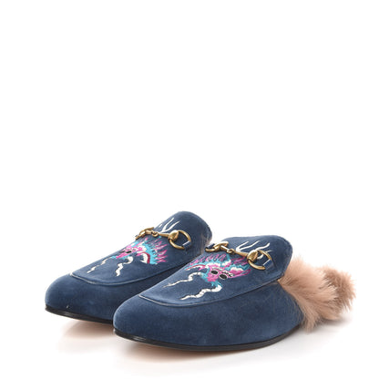 Gucci Velvet Fur Dragon Embroidered Mens Princetown Slippers 7 Zaffre Dark Zaffre 3 of 8