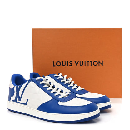 Louis Vuitton Calfskin Maxi Damier Mens Rivoli Sneakers 11 Blue White 11 of 11