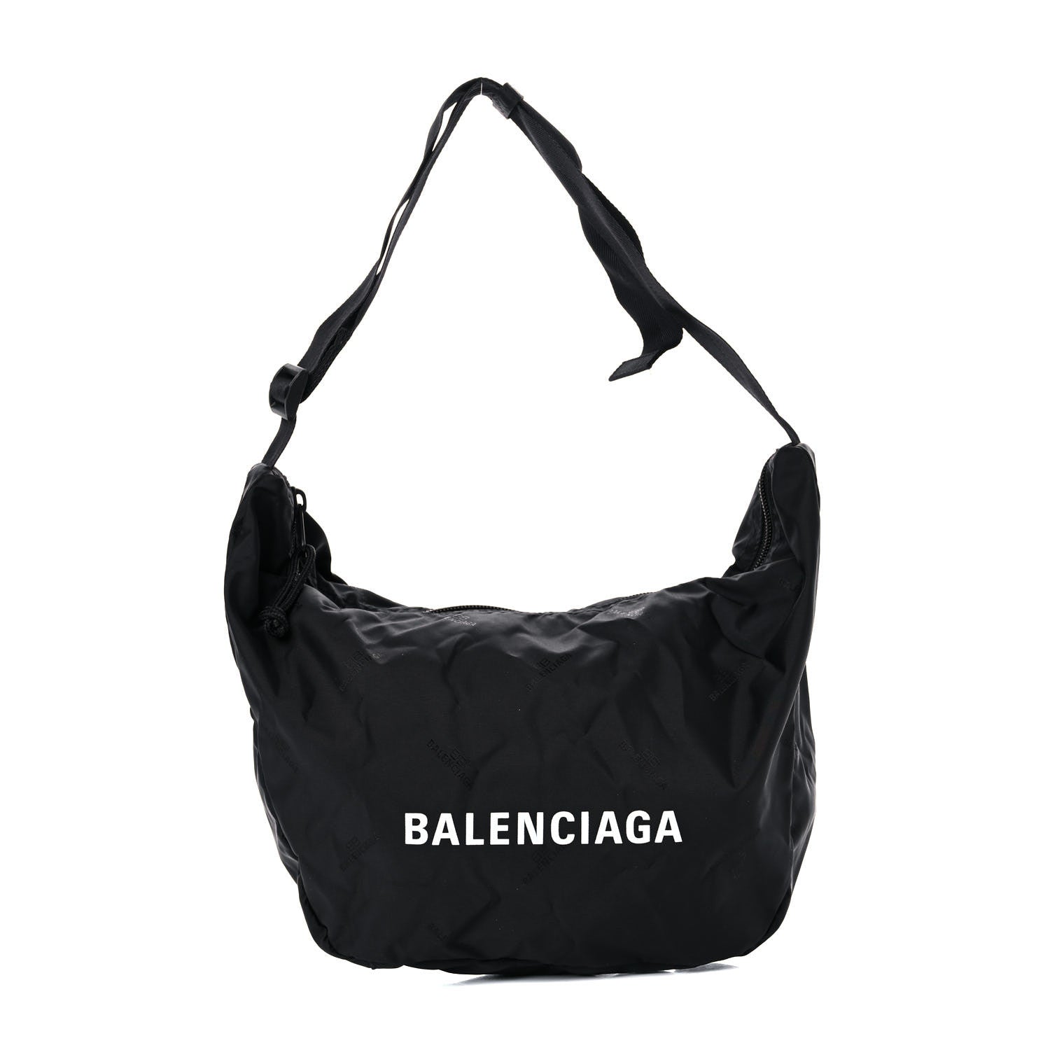 Balenciaga Recycled Sport Nylon Logo Embroidered Large Wheel Sling Bag Black White 1 of 11