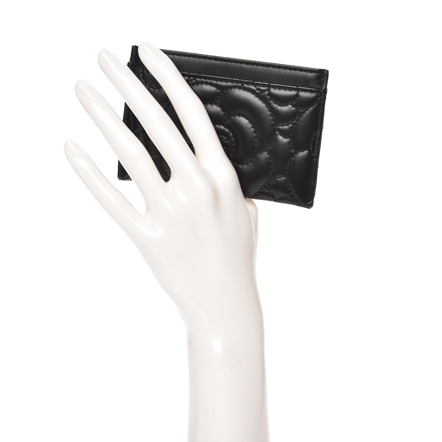 Lambskin Camellia Stitched Card Holder Black