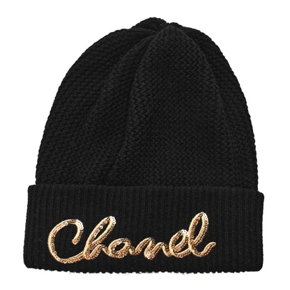 Chanel Cashmere Sequin Logo Beanie Hat Black Gold 1 of 6