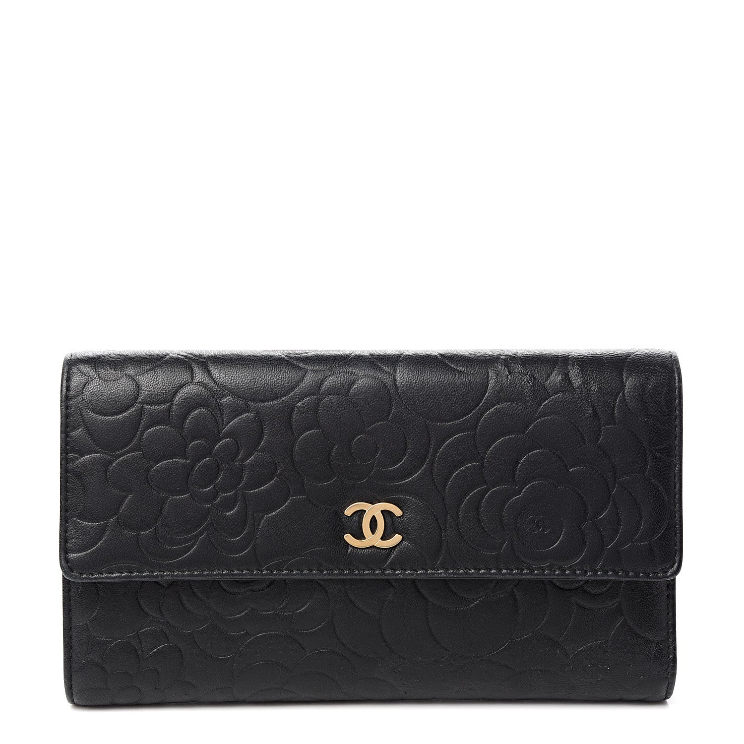 Chanel Lambskin Camellia Embossed Large Flap Wallet Black 1 of 7