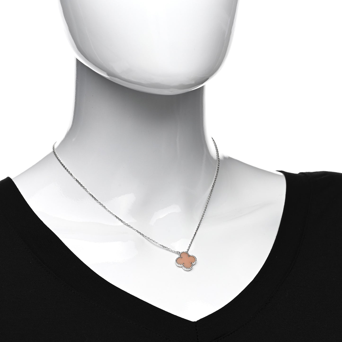 18K White Gold Pink Opal Vintage Alhambra Pendant Necklace