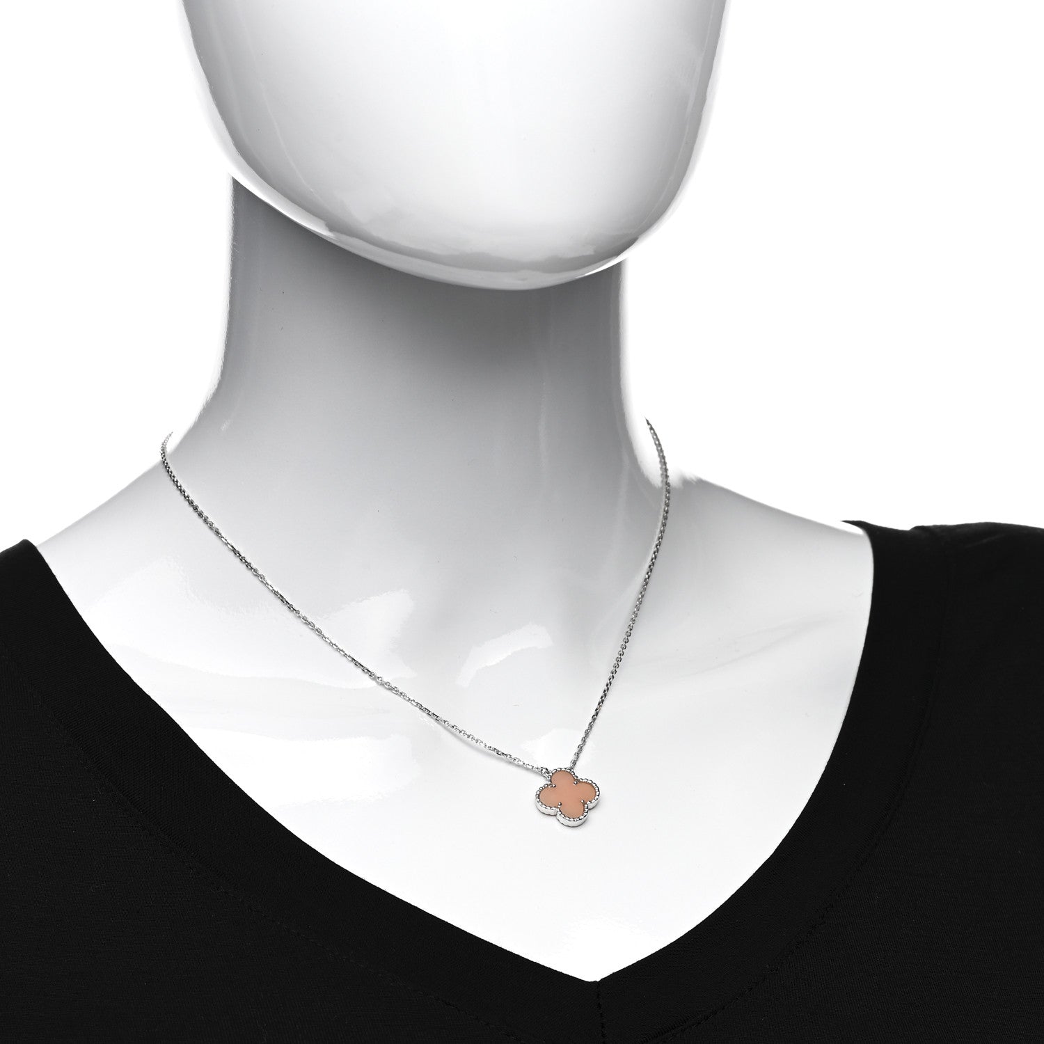 Van Cleef & Arpels 18K White Gold Pink Opal Vintage Alhambra Pendant Necklace 2 of 5