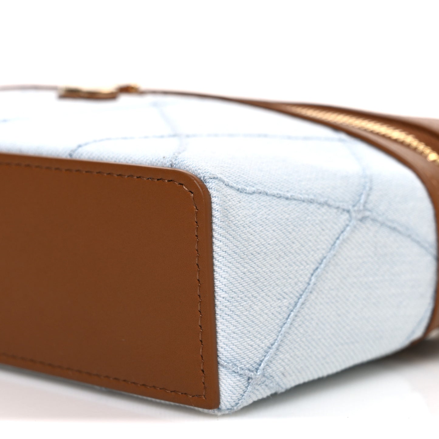 Washed Denim Calfskin Quilted Top Handle Slim Vanity Case With Chain Blue Brown