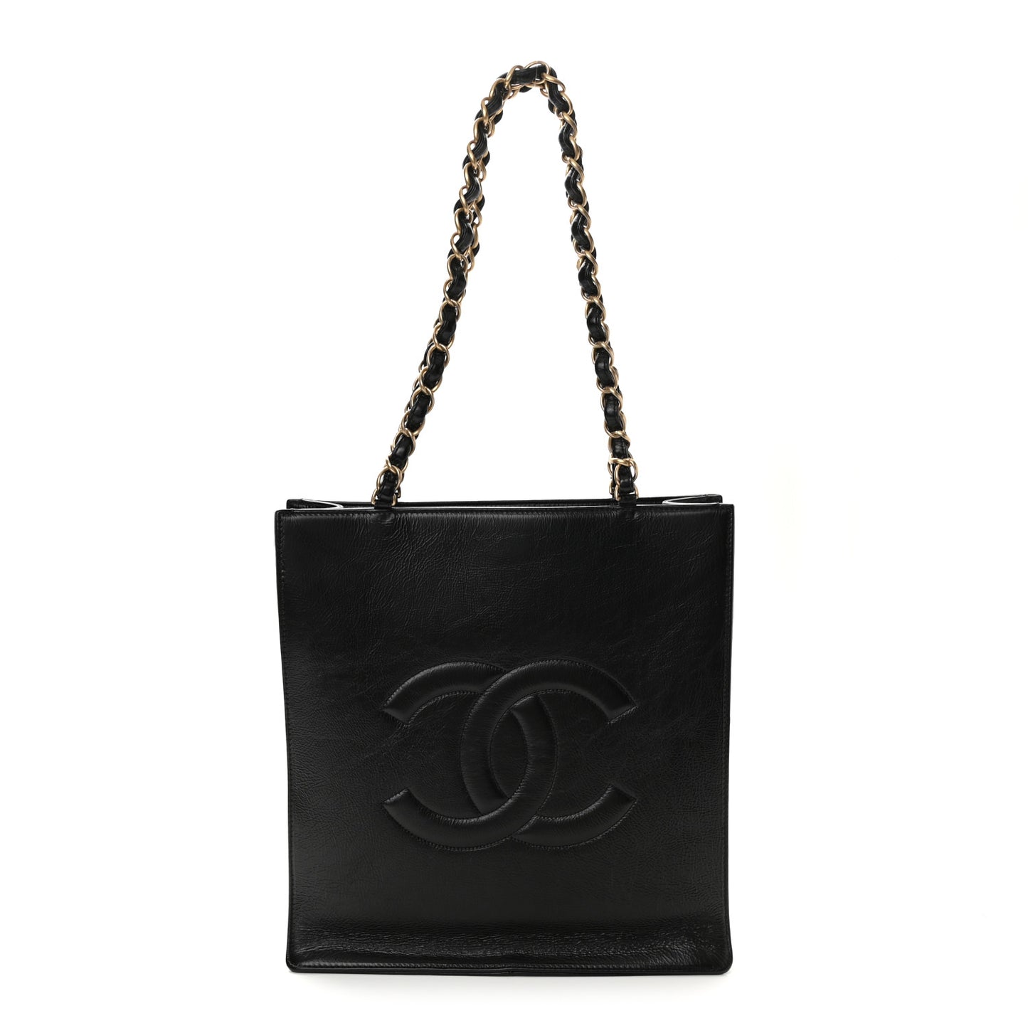 Shiny Aged Calfskin North South Shopping Bag Black