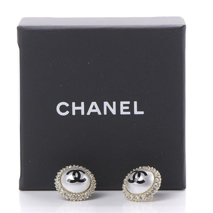 Chanel Crystal Pearl CC Round Earrings Gold Pearly White Black 5 of 5