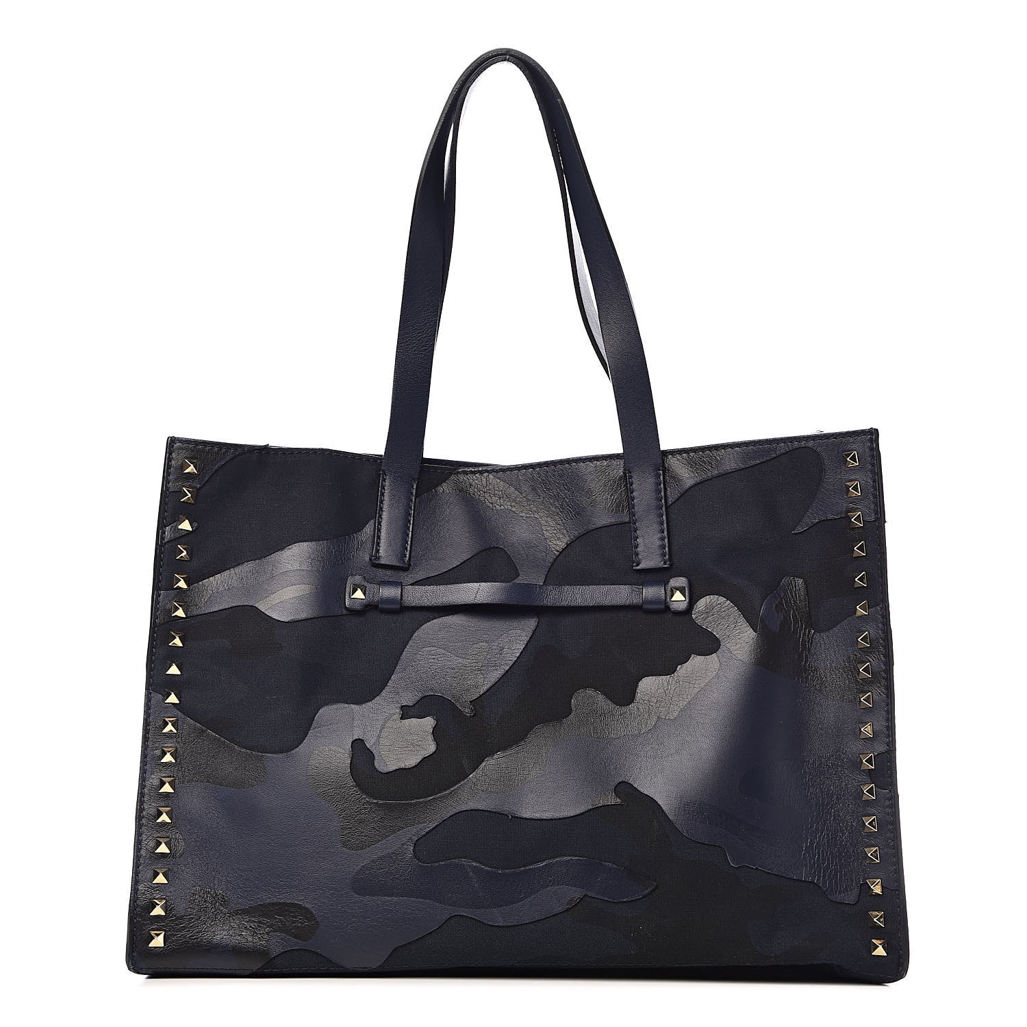 Valentino Garavani Nappa Canvas Camo Medium Rockstud Soft Tote Navy Blue 1 of 12