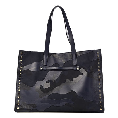 Valentino Garavani Nappa Canvas Camo Medium Rockstud Soft Tote Navy Blue 1 of 12