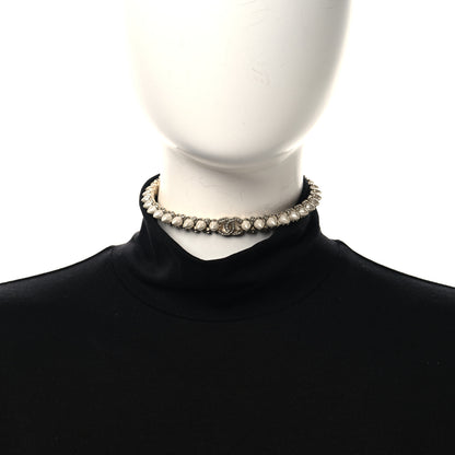 Chanel Strass Crystal Studded Pearl CC Choker Necklace Gold Pearly White 2 of 5